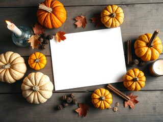 Autumn-themed still life with pumpkins blank paper mockup