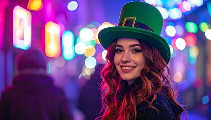 Woman with red hair smiles wearing a green hat in a blurry, festive, and brightly lit city scene