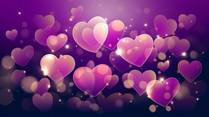 Hearts floating in a purple gradient background with bokeh lights