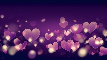 Floating hearts illuminated in a dark purple ambiance with soft glowing lights