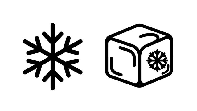 Cold storage and winter icons including a detailed snowflake and a frozen ice cube for refrigeration and freezing themes.