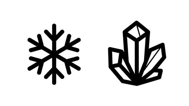 Sharp ice crystal shards and symmetrical snowflake icons representing mineral formation and sub-zero winter temperatures.