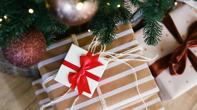 Christmas tree branches surround stacked gift boxes with red ribbon tied on a rustic wooden floor.