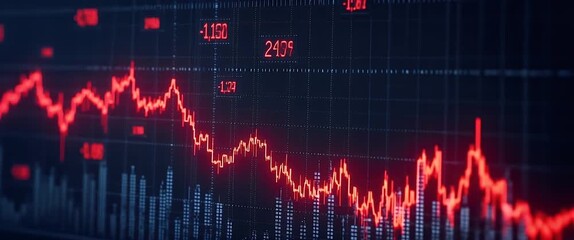 Dynamic stock market chart fluctuates on a digital screen, with a cinematic slow pan over glowing red data points, creating a financial analysis atmosphere with ambient screen flicker. - Powered by Adobe