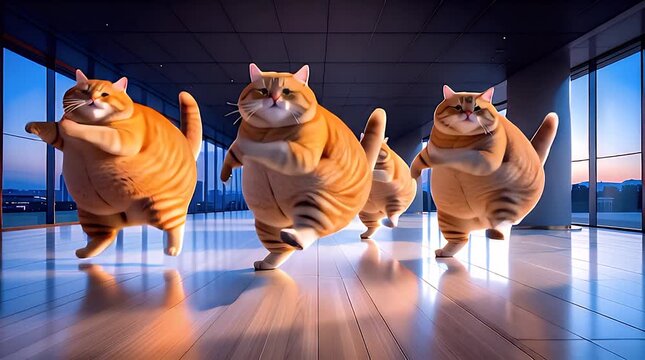 Four plump cats dancing in a modern glass-walled room at sunset