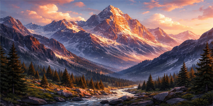 Sunrise and sunset over snowy mountain landscape with forests, peaks, and clouds