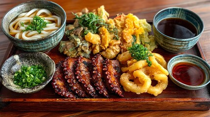Delicious Japanese cuisine featuring crispy tempura vegetables and seafood served with savory udon noodles, dipping sauces, and traditional meal presentation