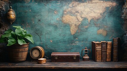 A wooden shelf holds a plant, suitcase, books, and antique items against a vintage maps background, evoking adventure and nostalgia.