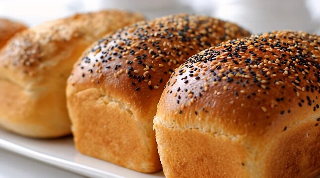 Close-up of golden brown sesame-seed-covered loaves of bread on a white plate, softly lit and inviting