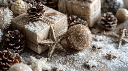 Elegant Christmas holiday decorations featuring festive ornaments, cozy winter scene, sparkling decor, pinecones, star accents, and joyful celebration atmosphere