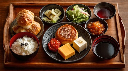 Traditional Japanese breakfast meal featuring rice, miso soup, fresh vegetables, tofu, and savory dishes in a well-presented, wholesome cuisine setting