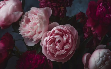 A close-up view of pink peonies surrounded by dark red flowers in a lush arrangement