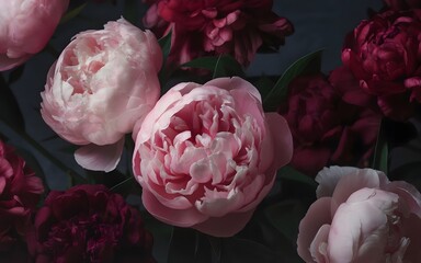 A collection of pink peonies and dark red flowers in full bloom, viewed from above against a dark background