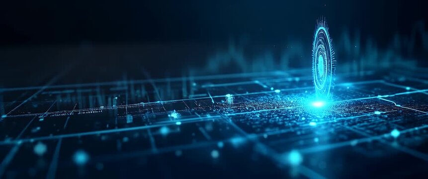 Futuristic digital interface with glowing holographic elements in motion, as the camera slowly pans across a dynamic grid, enhanced by ambient light flicker, in a cinematic style.