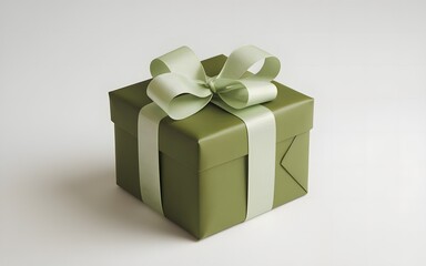 A beautifully wrapped green gift box with a white ribbon on a plain white background