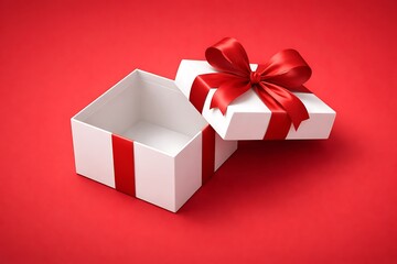 White gift boxes with red ribbons on red background