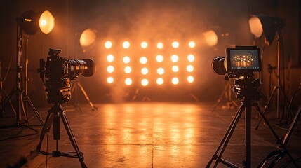 A photo studio setup with warm bokeh lights creating a chaotic background, featuring professional cameras on tripods and a wall of softbox lights, ideal for product photography or filming.