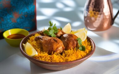 Delicious chicken biryani with lemon and herbs served in a bowl on a white table
