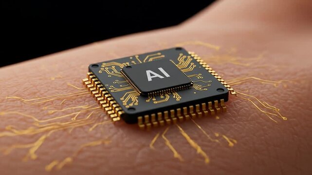 AI microchip implanted under the skin for futuristic biometric technology. Chip implant in humans
