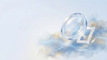 Futuristic Glass Lens Over Blue Grid Wave with White Circuit Frame, Minimal Technology Background with Copy Space