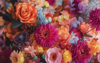 A vibrant floral arrangement featuring roses and gerbera daisies in a colorful display viewed from above