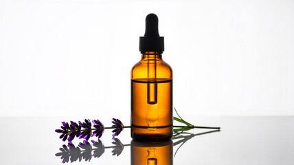 Amber glass dropper bottle for essential oils on reflective surface  