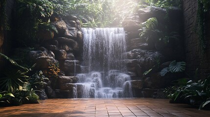A serene waterfall cascades down a rocky wall, surrounded by lush greenery and plants, on a tiled floor, creating a peaceful atmosphere.