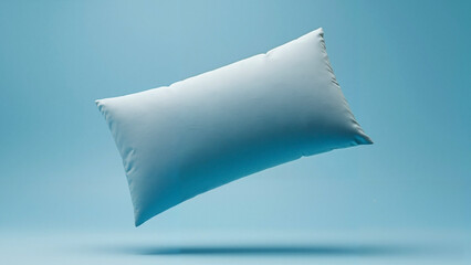 Soft pillow floating in the air on a pastel blue background  