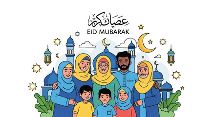Fototapeta premium Joyful Muslim family celebrating Eid Mubarak, standing near a decorative mosque and crescent moon, rendered in a modern 2D flat vector illustration on a clean white background.