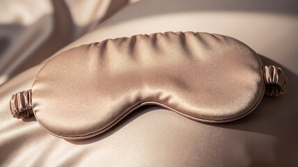 Luxury champagne silk sleep mask resting on soft fabric  