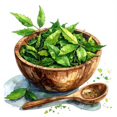 Wood bowl filled with green leaves with wooden spoon on gray-white cloth