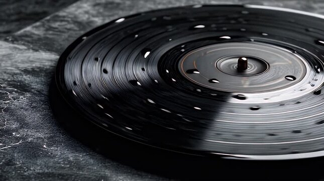 Close-up of a black vinyl record with water droplets on a textured grey surface, shiny and reflective