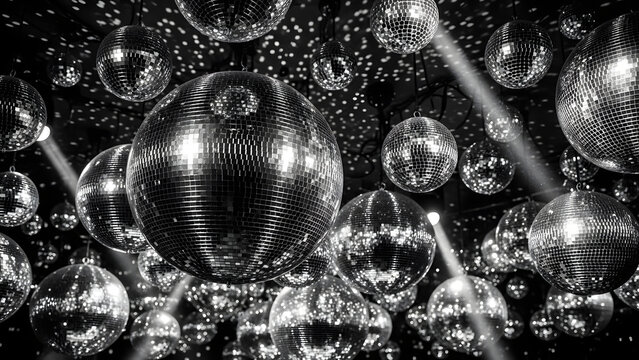 Black and white disco balls reflecting spotlights in a nightclub - Generated AI.