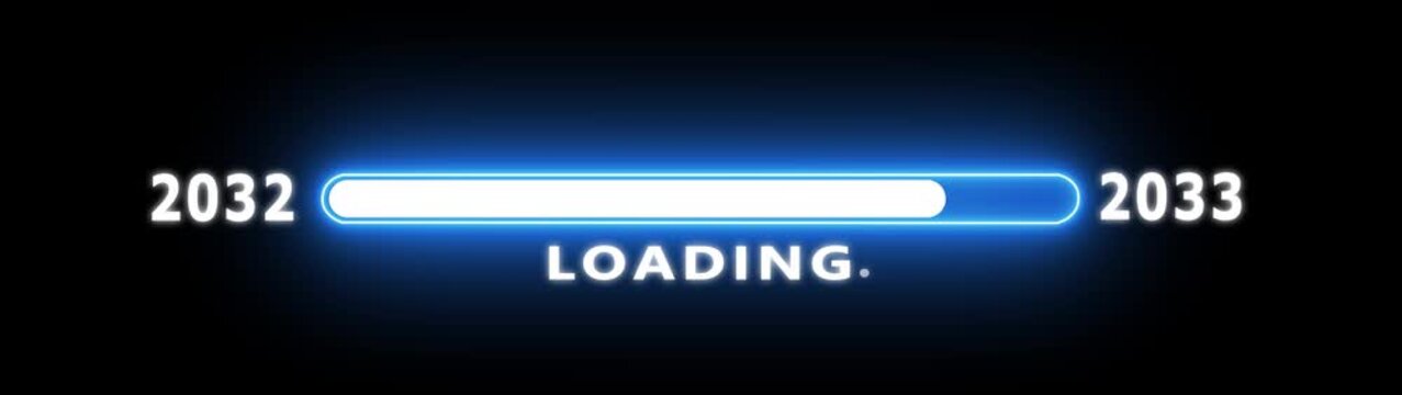 2032 to 2033 loading animation with luminous neon progress bar, futuristic digital countdown, and smooth transitional timeline design.