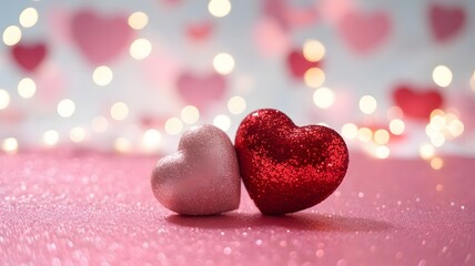 Two hearts, one red and one white, placed on a pink surface with heart-shaped decorations in the background
