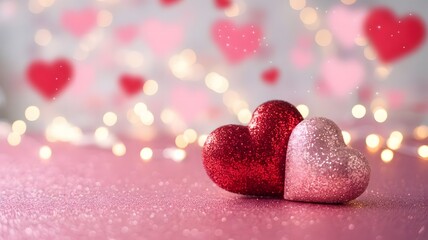 Two hearts, one red and one pink, placed together on a sparkling surface surrounded by floating hearts and lights.