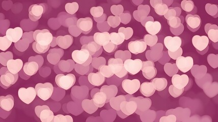 A vibrant display of pink hearts against a purple background, viewed from directly above, creating a festive atmosphere