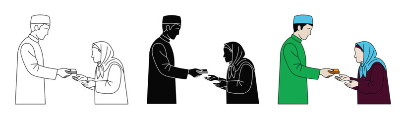 Muslim man giving zakat to poor woman vector design. Vector illustration.