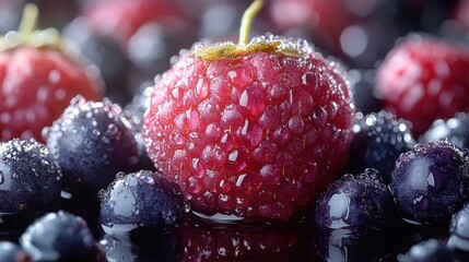 Close up Macro Shot of Wet Red Raspberry and Blueberries with Water Droplets Sparkling in Natural