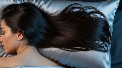 Peacefully sleeping woman with long dark chestnut hair on silver pillow  