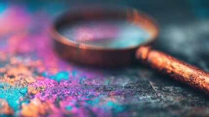 Magnifying glass on colorful powder placed on a table