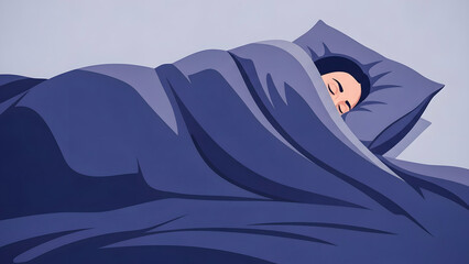 Sleepy woman resting under blue blanket on pillow at night  