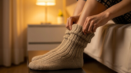 Man sitting on the edge of a bed putting on thick knitted socks  