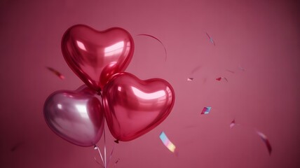 Three heart-shaped balloons floating in the air against a pink background with confetti