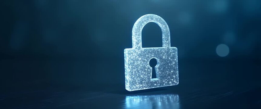 Glittering digital padlock rotates slowly against a dark, futuristic background as the camera gently pans, highlighting cybersecurity themes in a sleek, cinematic style.