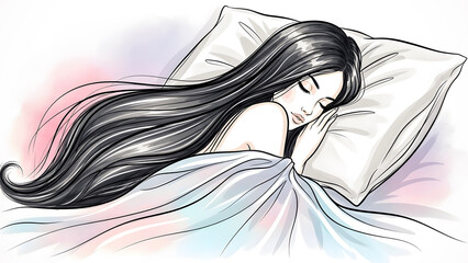 Young woman sleeping peacefully in bed with long hair and blanket  