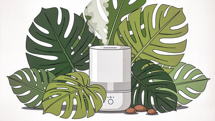 Essential oil diffuser surrounded by green tropical leaves  