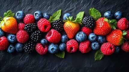 Assortment of Fresh Berries Including Strawberries Blueberries Raspberries and Blackberries