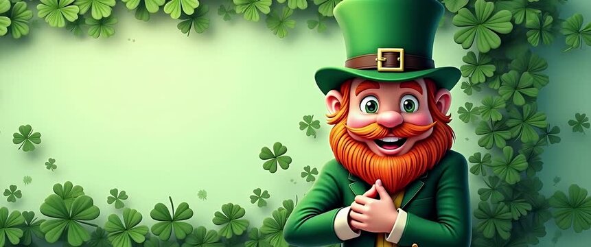 Animated leprechaun joyfully gestures amidst gently swaying clovers, with slow camera pan capturing the whimsical, festive scene in a vibrant, cartoon style.