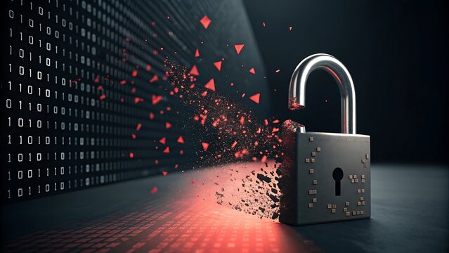Digital Padlock Disintegrating Into Binary Code - Powered by Adobe